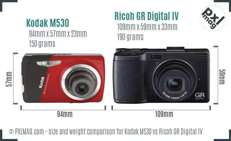 Kodak M530 vs Ricoh GR Digital IV size comparison