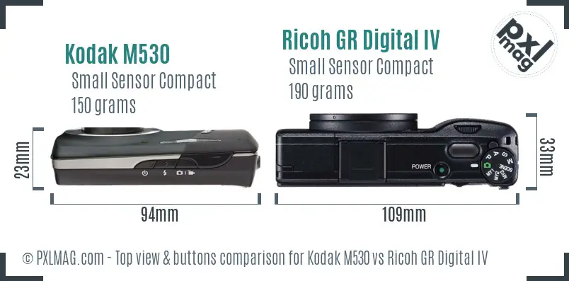 Kodak M530 vs Ricoh GR Digital IV top view buttons comparison