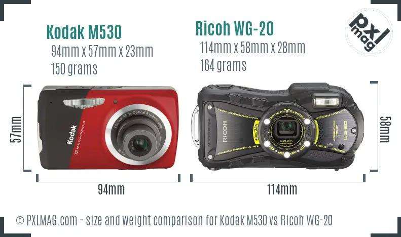 Kodak M530 vs Ricoh WG-20 size comparison