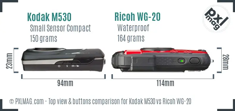 Kodak M530 vs Ricoh WG-20 top view buttons comparison