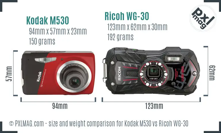 Kodak M530 vs Ricoh WG-30 size comparison