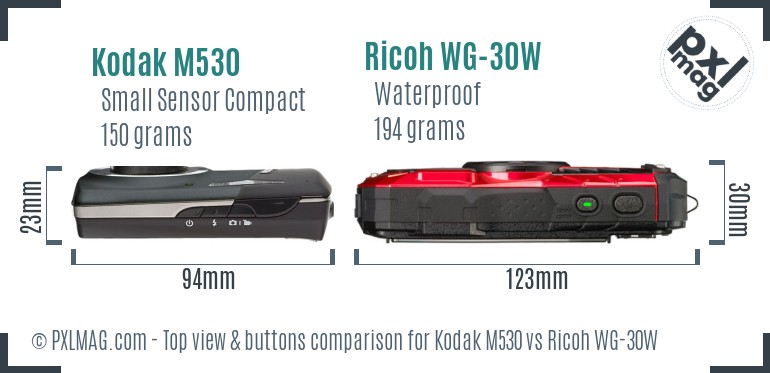 Kodak M530 vs Ricoh WG-30W top view buttons comparison