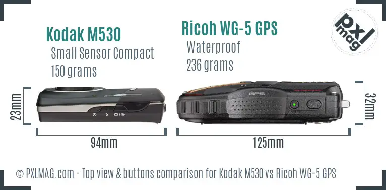 Kodak M530 vs Ricoh WG-5 GPS top view buttons comparison