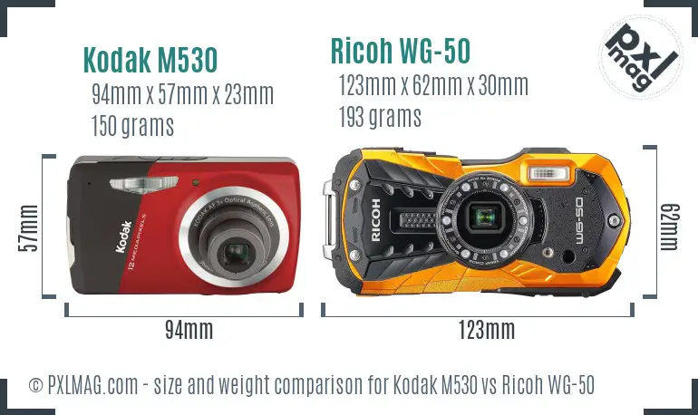 Kodak M530 vs Ricoh WG-50 size comparison