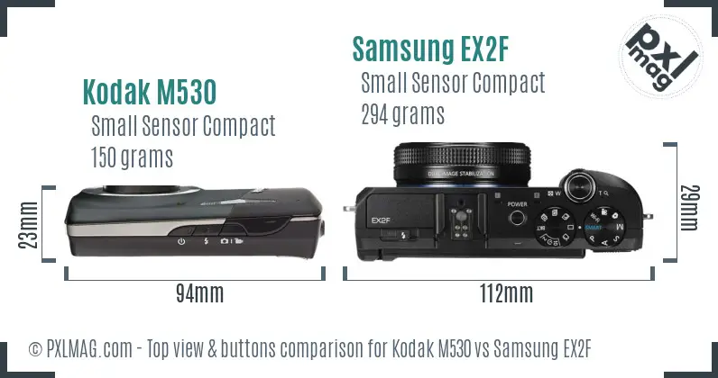 Kodak M530 vs Samsung EX2F top view buttons comparison