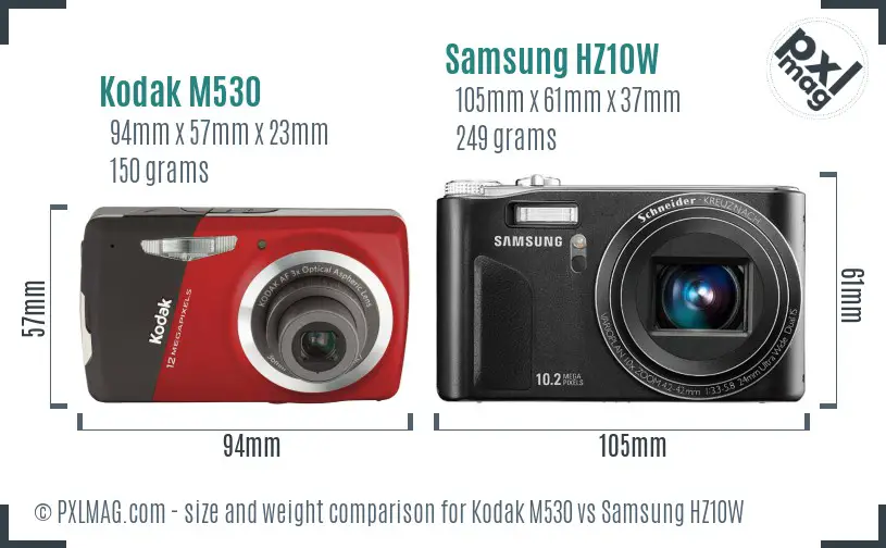 Kodak M530 vs Samsung HZ10W size comparison