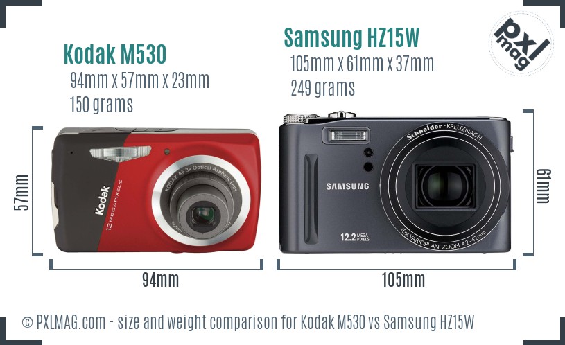 Kodak M530 vs Samsung HZ15W size comparison