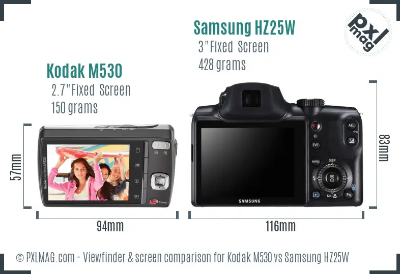 Kodak M530 vs Samsung HZ25W Screen and Viewfinder comparison
