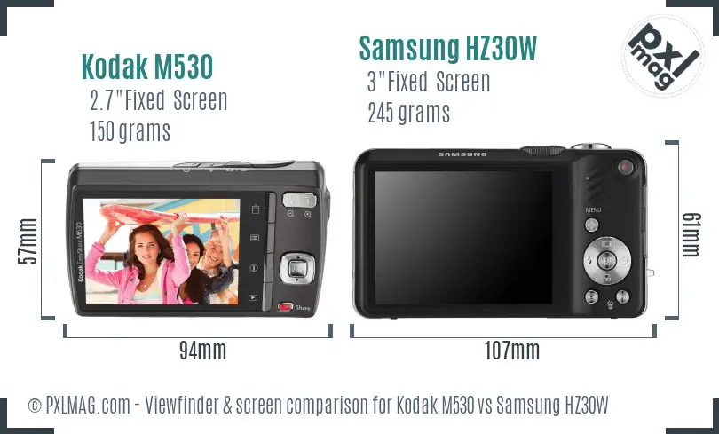 Kodak M530 vs Samsung HZ30W Screen and Viewfinder comparison