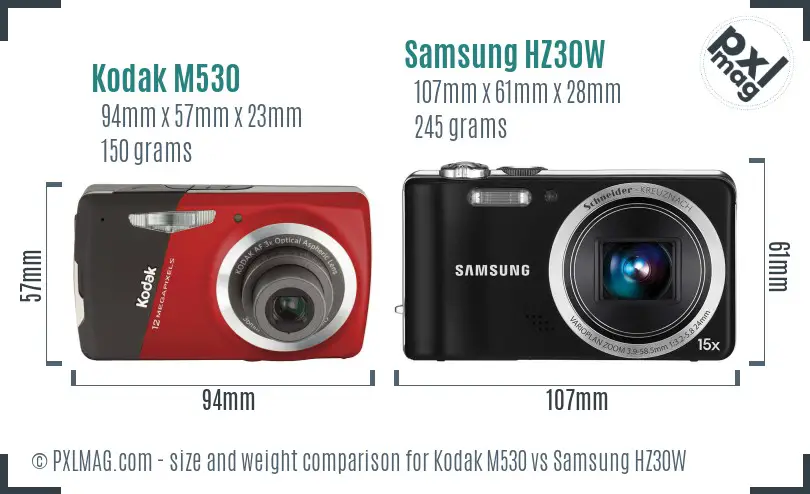 Kodak M530 vs Samsung HZ30W size comparison