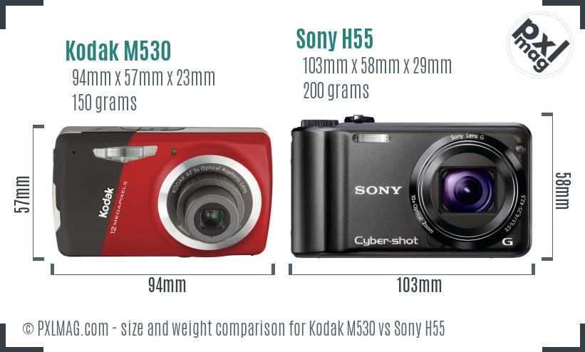 Kodak M530 vs Sony H55 size comparison