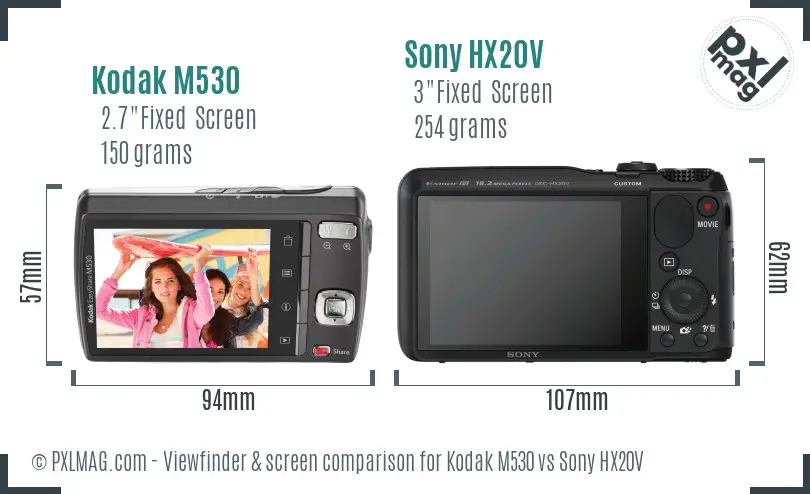 Kodak M530 vs Sony HX20V Screen and Viewfinder comparison