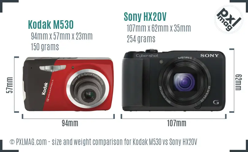 Kodak M530 vs Sony HX20V size comparison