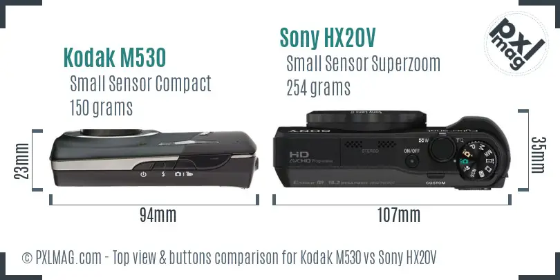 Kodak M530 vs Sony HX20V top view buttons comparison