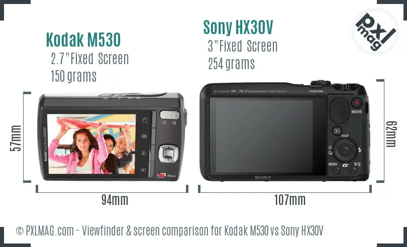Kodak M530 vs Sony HX30V Screen and Viewfinder comparison