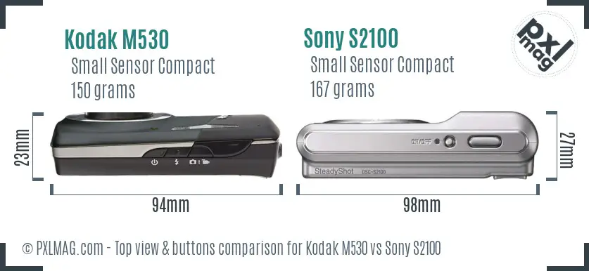 Kodak M530 vs Sony S2100 top view buttons comparison