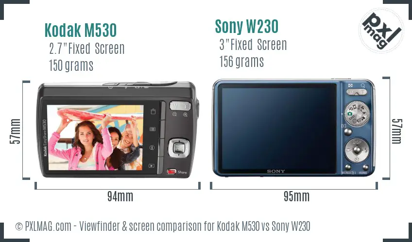 Kodak M530 vs Sony W230 Screen and Viewfinder comparison