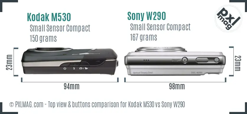 Kodak M530 vs Sony W290 top view buttons comparison