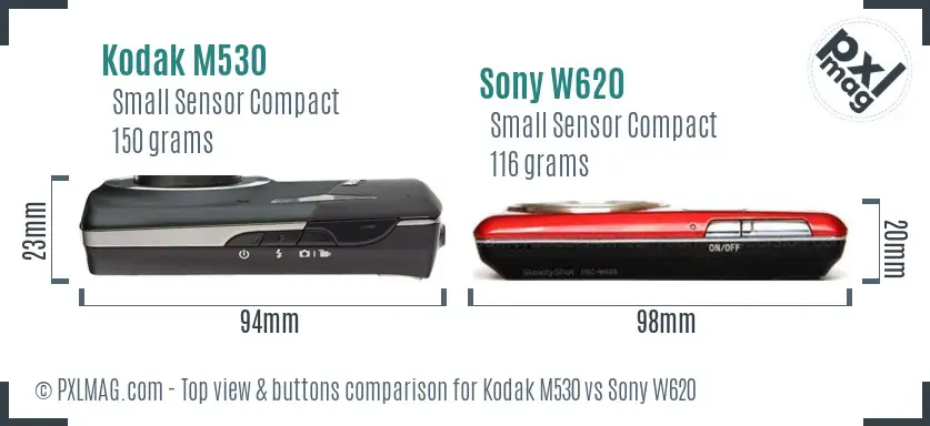 Kodak M530 vs Sony W620 top view buttons comparison