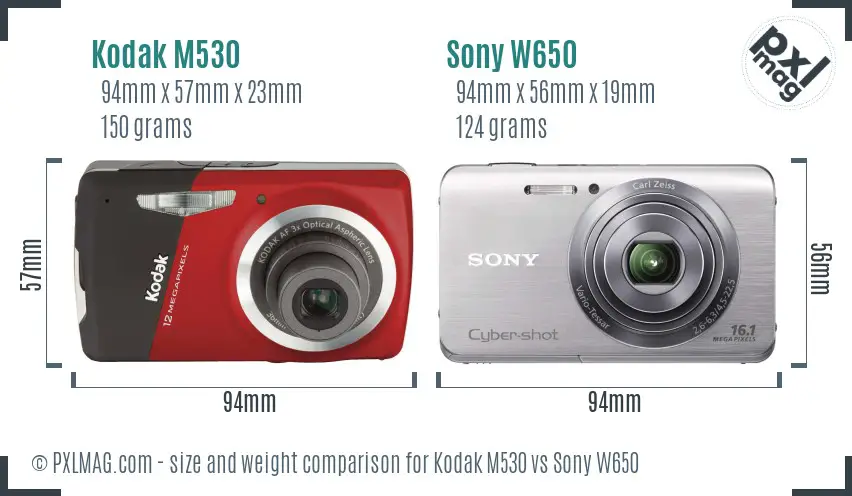 Kodak M530 vs Sony W650 size comparison