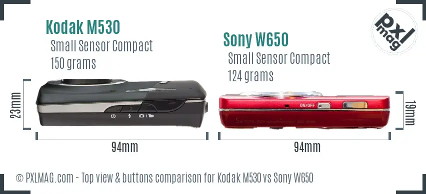 Kodak M530 vs Sony W650 top view buttons comparison