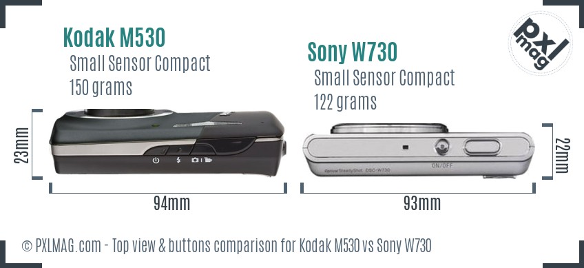 Kodak M530 vs Sony W730 top view buttons comparison