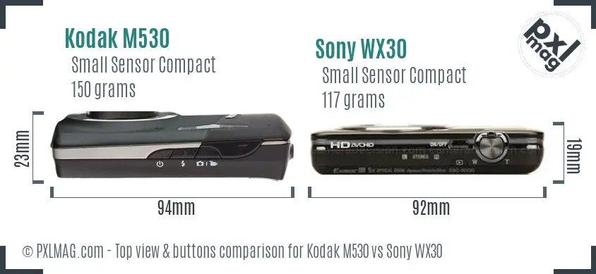Kodak M530 vs Sony WX30 top view buttons comparison Kodak M530 vs Sony WX30 top view buttons comparison