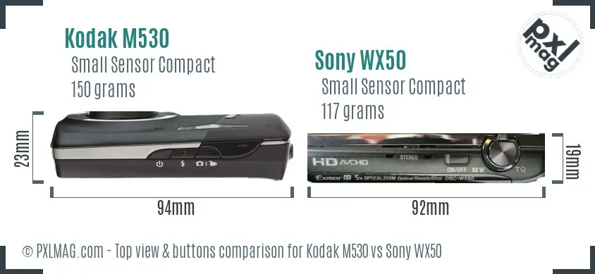 Kodak M530 vs Sony WX50 top view buttons comparison Kodak M530 vs Sony WX50 top view buttons comparison