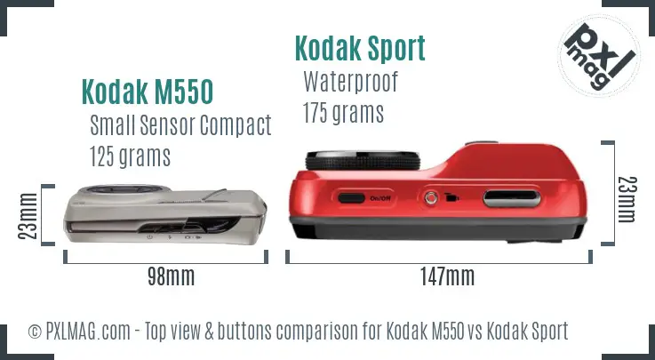 Kodak M550 vs Kodak Sport top view buttons comparison Kodak M550 vs Kodak Sport top view buttons comparison