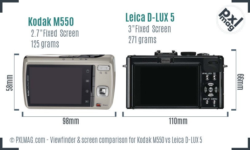 Kodak M550 vs Leica D-LUX 5 Screen and Viewfinder comparison