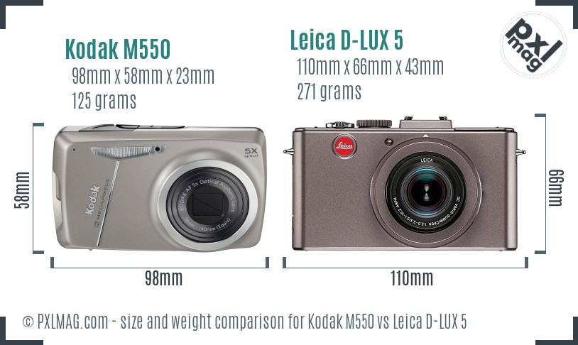 Kodak M550 vs Leica D-LUX 5 size comparison
