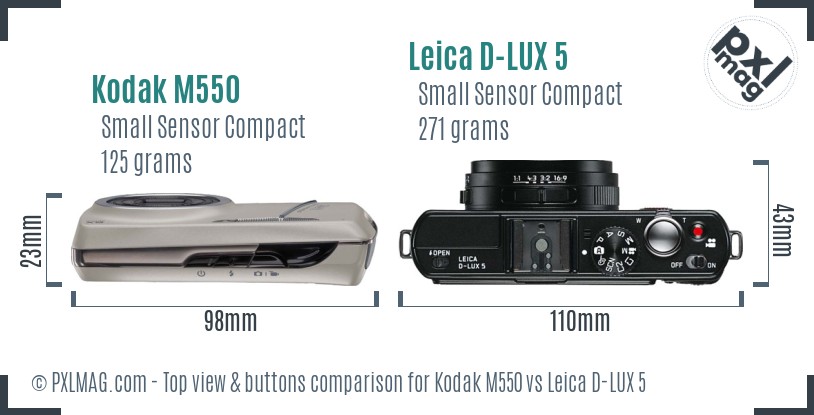 Kodak M550 vs Leica D-LUX 5 top view buttons comparison