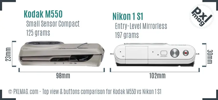 Kodak M550 vs Nikon 1 S1 top view buttons comparison