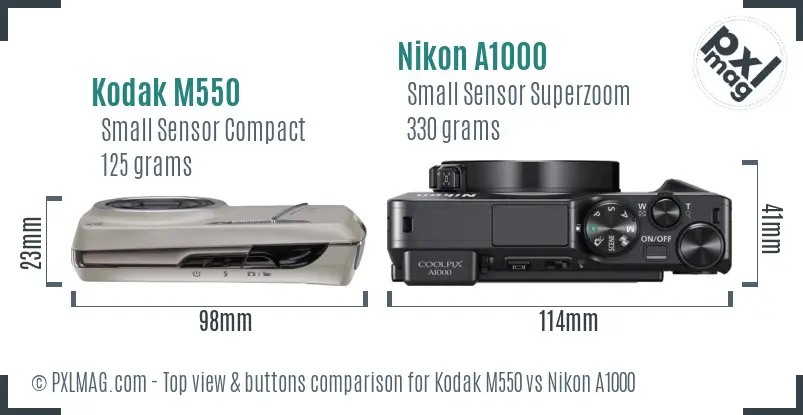 Kodak M550 vs Nikon A1000 top view buttons comparison Kodak M550 vs Nikon A1000 top view buttons comparison