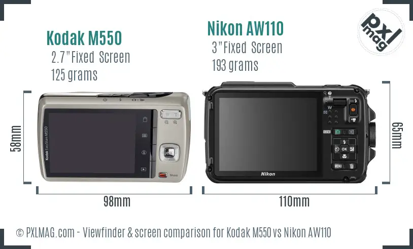 Kodak M550 vs Nikon AW110 Screen and Viewfinder comparison