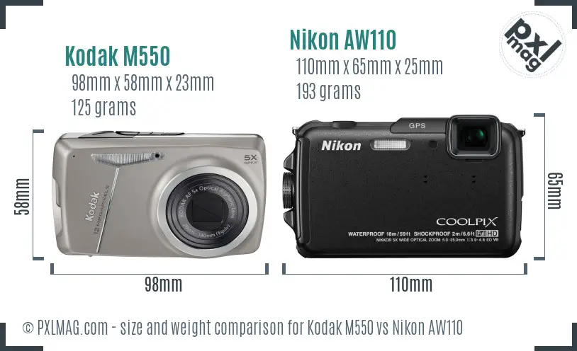 Kodak M550 vs Nikon AW110 size comparison