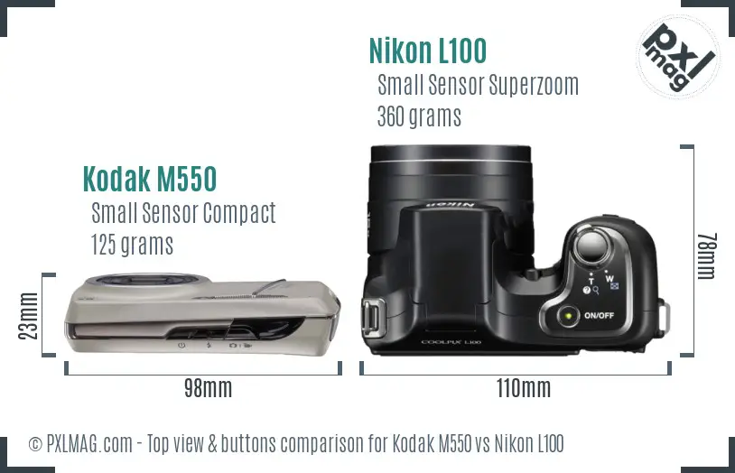 Kodak M550 vs Nikon L100 top view buttons comparison