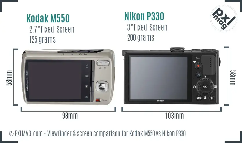 Kodak M550 vs Nikon P330 Screen and Viewfinder comparison