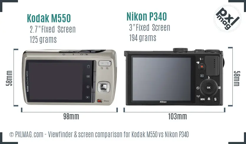 Kodak M550 vs Nikon P340 Screen and Viewfinder comparison