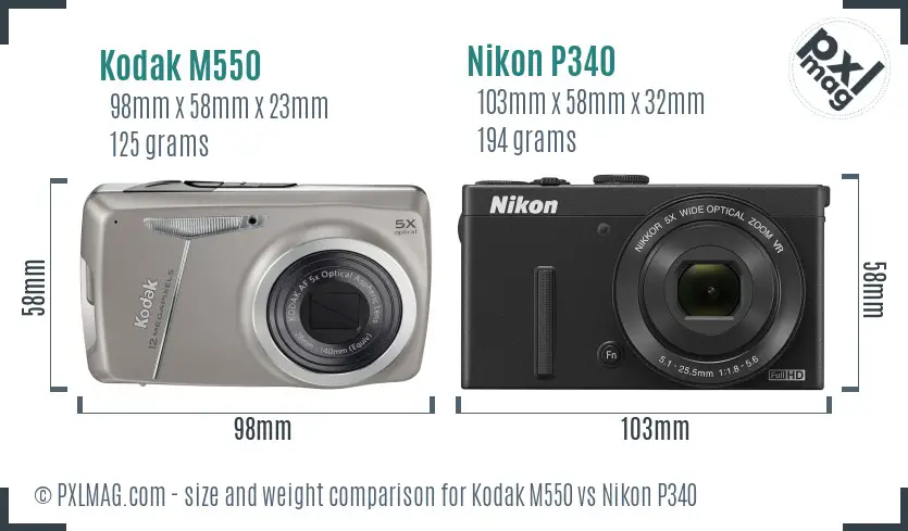 Kodak M550 vs Nikon P340 size comparison