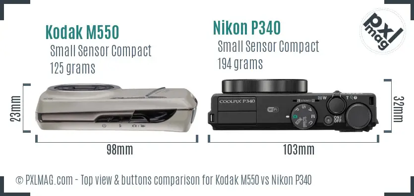 Kodak M550 vs Nikon P340 top view buttons comparison