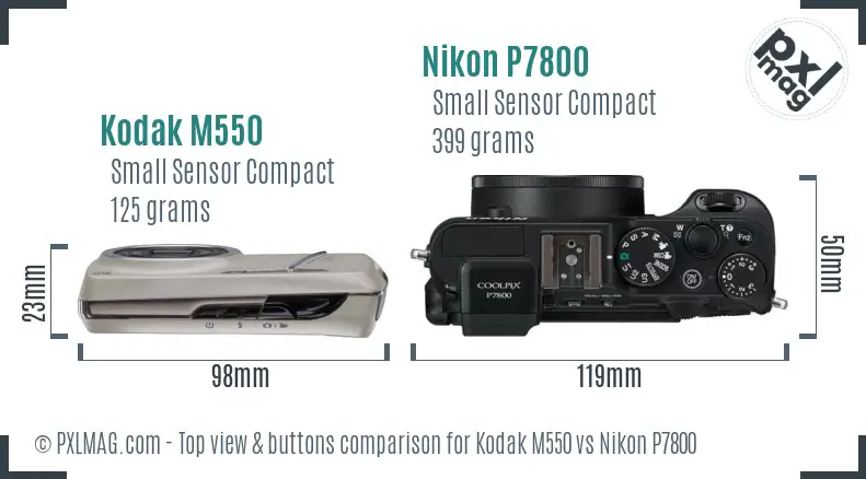 Kodak M550 vs Nikon P7800 top view buttons comparison