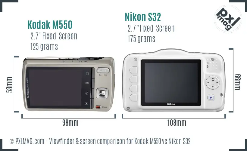 Kodak M550 vs Nikon S32 Screen and Viewfinder comparison