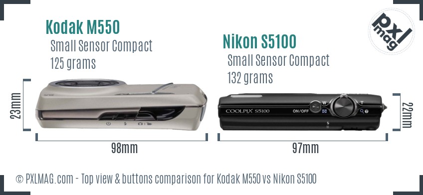 Kodak M550 vs Nikon S5100 top view buttons comparison