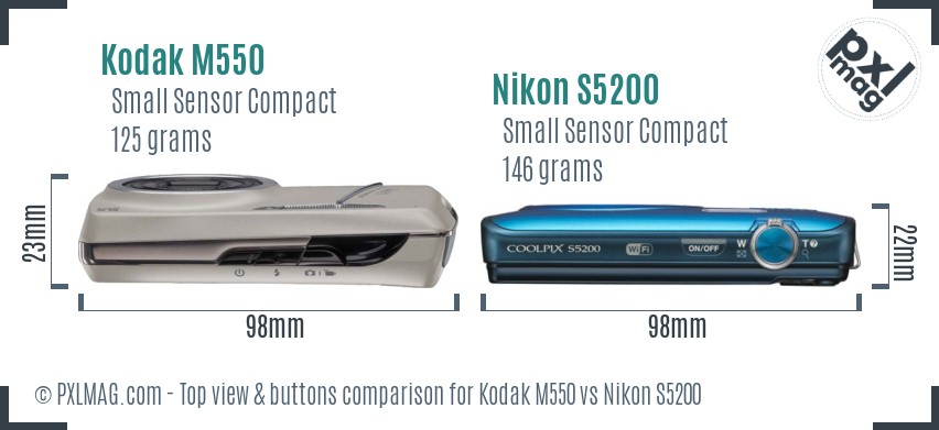 Kodak M550 vs Nikon S5200 top view buttons comparison