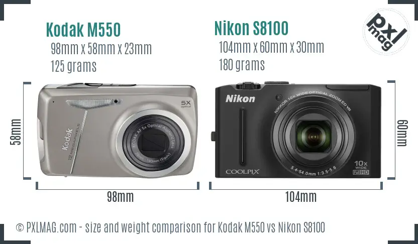 Kodak M550 vs Nikon S8100 size comparison