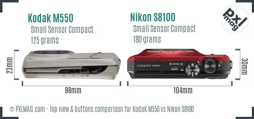 Kodak M550 vs Nikon S8100 top view buttons comparison