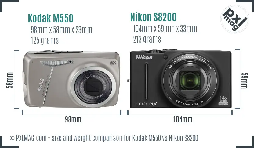 Kodak M550 vs Nikon S8200 size comparison