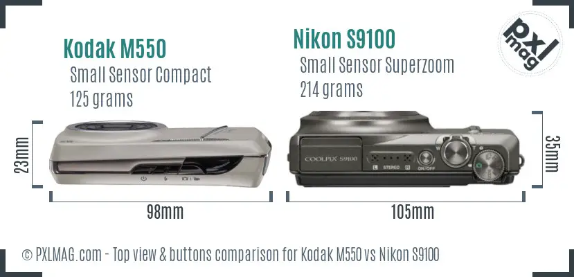 Kodak M550 vs Nikon S9100 top view buttons comparison Kodak M550 vs Nikon S9100 top view buttons comparison