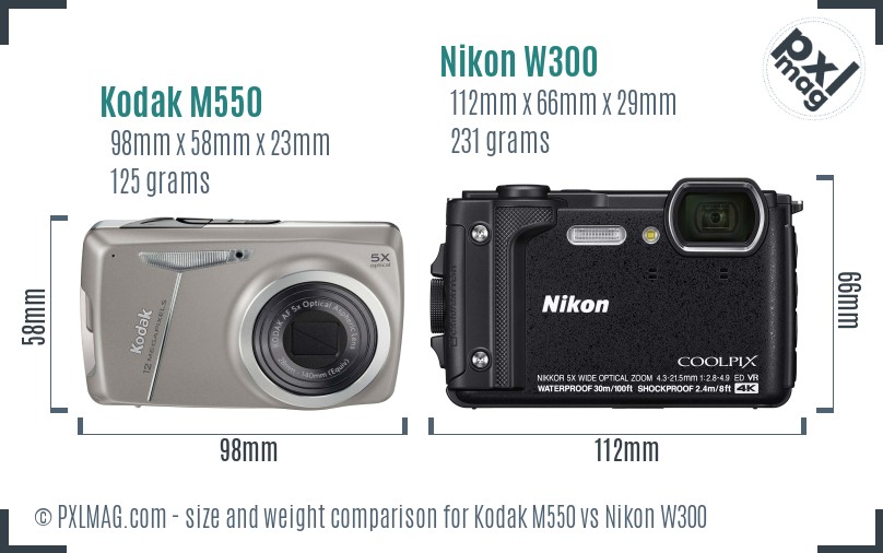 Kodak M550 vs Nikon W300 size comparison